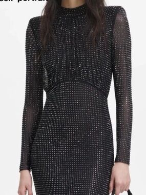 Self-Portrait Black Long-Sleeve Rhinestone Sheath Dress